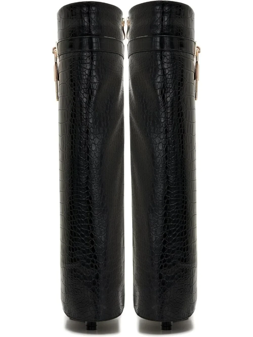 Women Black Crocodile 1 Pointed Toe Wedge Heel Side Zipper Knee High Shark Boots
